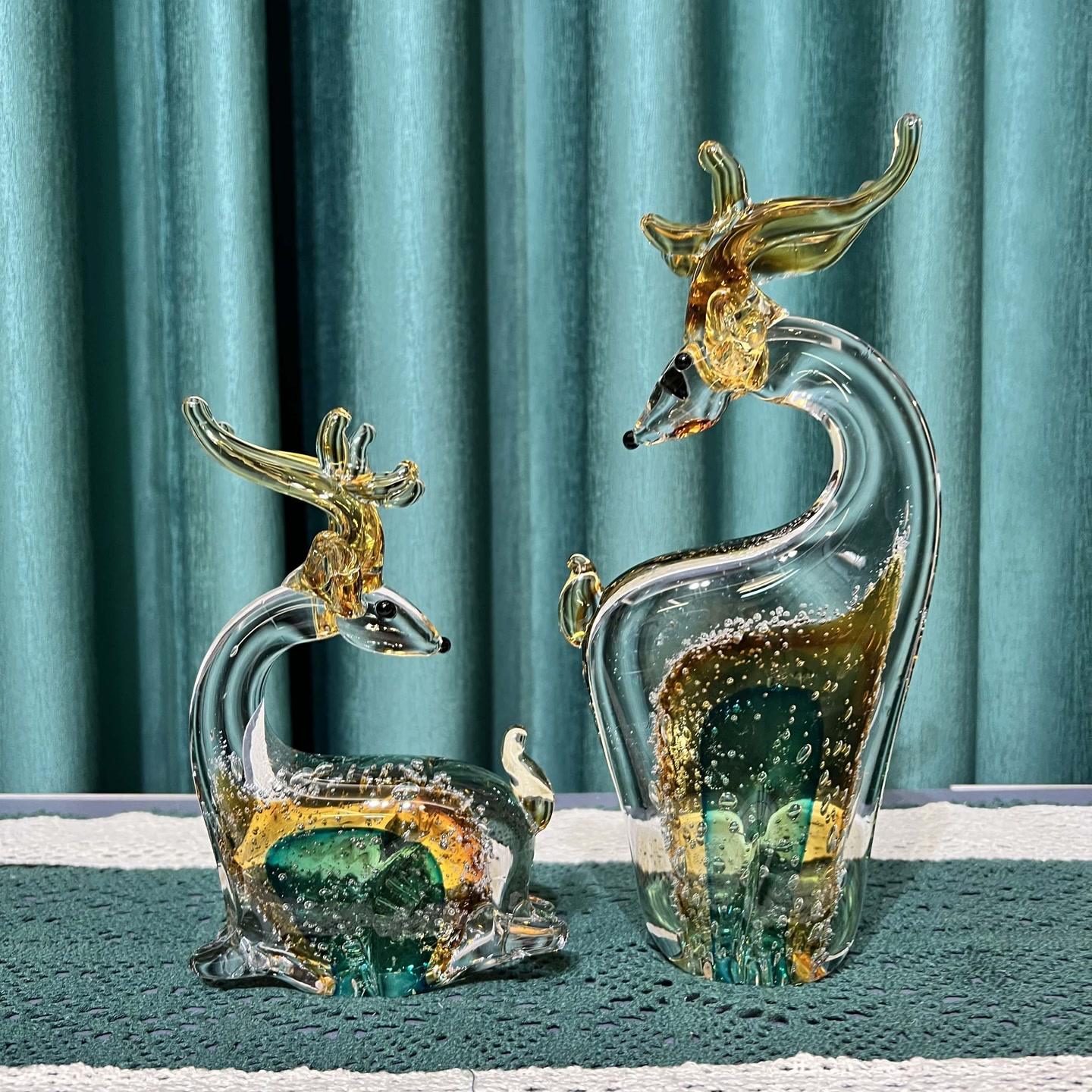 创意艺术玻璃混彩对鹿工艺品摆件客厅酒柜电视柜装饰品摆设