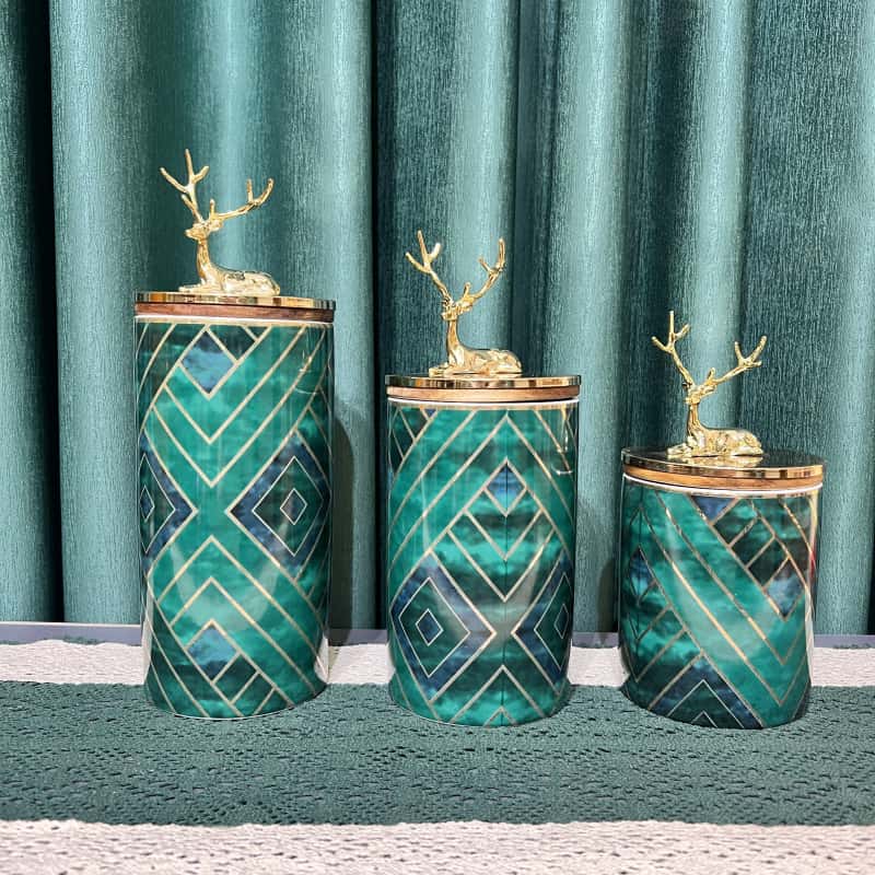 北欧轻奢风祖母绿密封陶瓷罐花茶收纳罐创意储物罐摆件