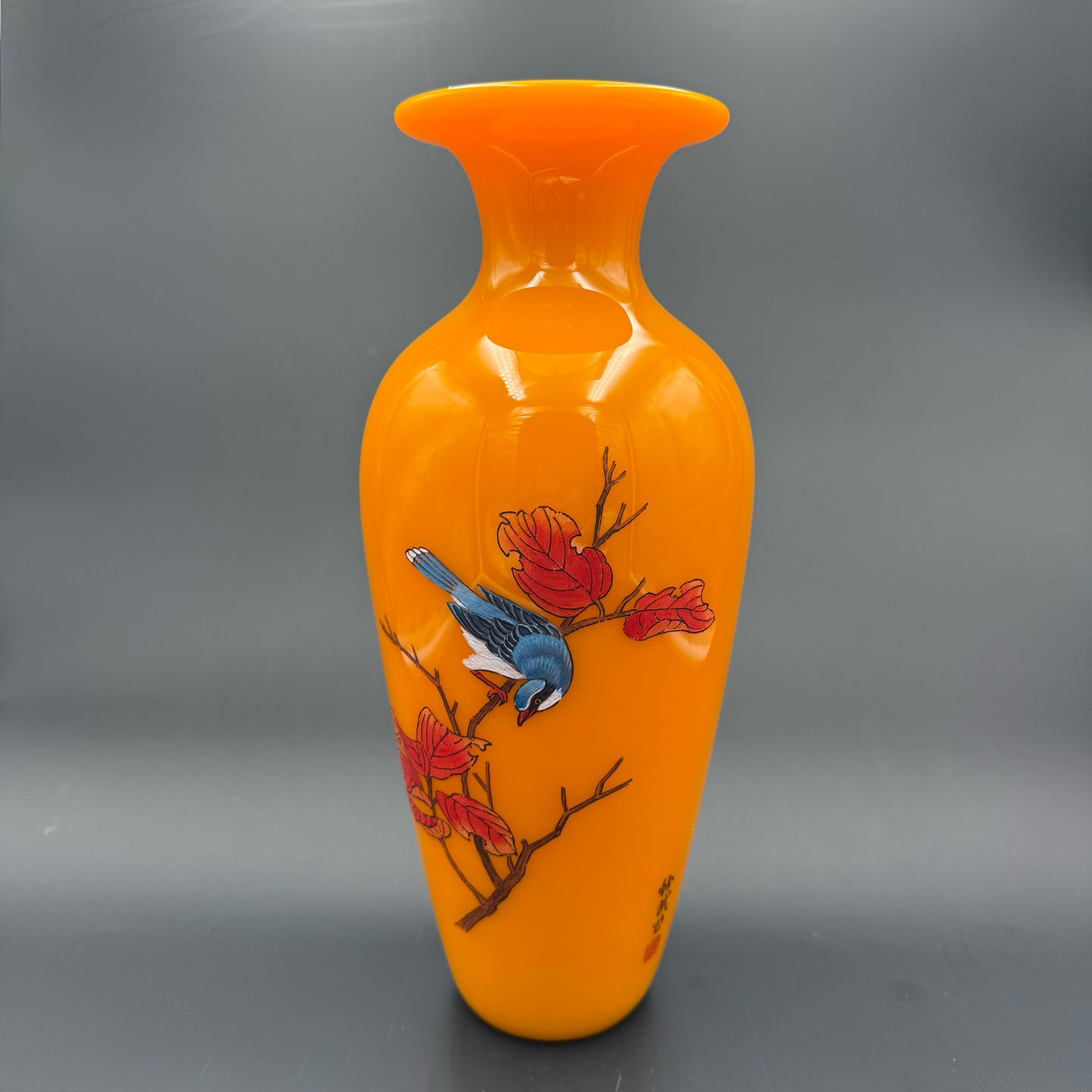 手工琉璃鸡油黄花瓶喜上眉梢花瓶花器酒柜博古架桌面摆件